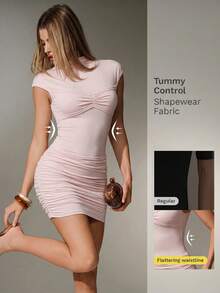 Nuvra Women's Fashion Sexy High Neck Short Sleeve Ruched Mini Dress With Tummy Control And Butt Lifting - Coral Pink - View 1