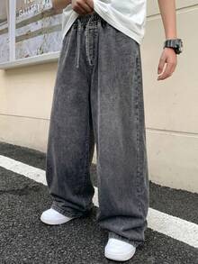 Teen Boy Cool Drawstring Elastic Rubberized Waist Loose Wide-Leg Jean Halloween And Black To School - Black - View 2