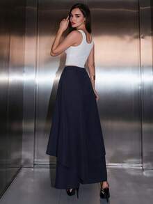 Bris Aura 2026新款极简主义不对称拼接阔腿裤，藏蓝色，日系极简主义男女通用风格，街头极简廓形，颓废暗黑风，前卫单品，返校季必备时尚单品，Y2K风格，街头服饰 - 藏蓝色 - 查看 5