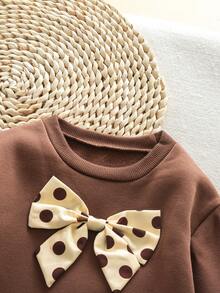 SHEIN Young Girl 3D Bow Decor Polka Dot Print 2 In 1 Long Sleeve Dress - Multicolor - View 5