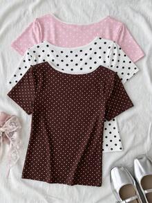 SHEIN Tween女孩3件組短袖T恤套裝，紅褐色、淺粉色、米色波點修身短版T恤，復古Y2K甜酷風，適合上學、日常穿著、戶外活動 - 彩色 - 查看 2