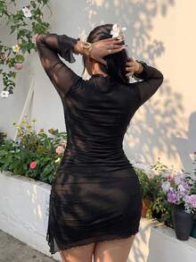 SHEIN EZwear Vestido asimétrico de talla grande hecho de una mezcla de poliéster y tela de malla de unicolor - Negro - Ver 2