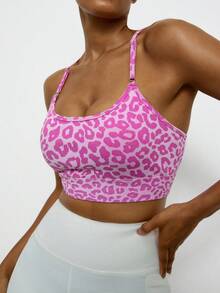 Voyena Damen Sport-BH in großen Größen mit Leopardenmuster und Kreuzdesign, geeignet für Yoga, Laufen und andere Sportarten. Rosa Leopardenmuster Sport-BH, Leopardenmuster Sport-BH, Gepardenmuster Sport-BH. - Pink - Übersicht 4