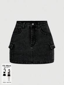 SHEIN Tall 女款休閒多口袋緊身牛仔迷你裙，夏季，高個女性適用 - 黑色 - 查看 1