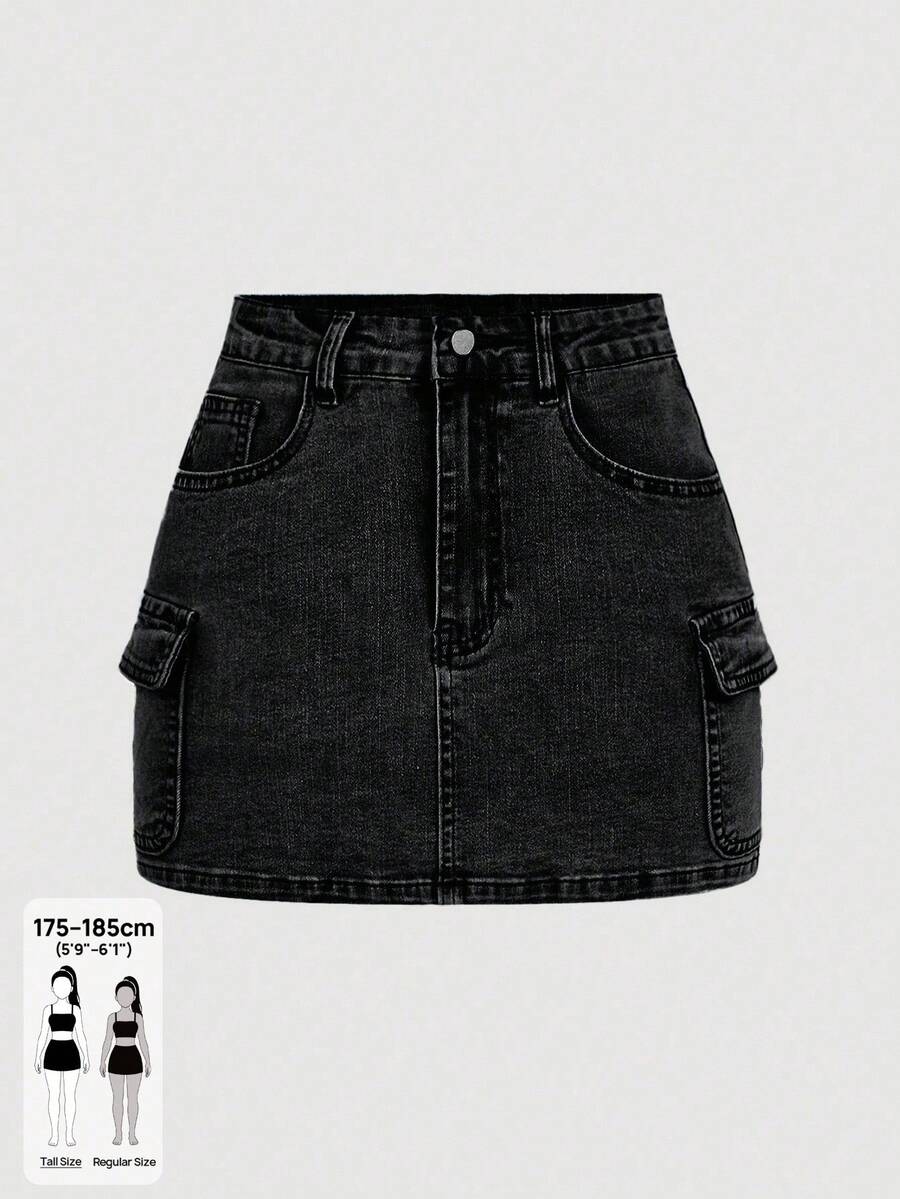 SHEIN Tall 女款休閒多口袋緊身牛仔迷你裙,夏季,高個女性適用 - 黑色 - 查看 1
