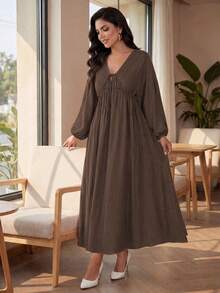SHEIN Lady CURVE 大码女式纯色休闲宽松长袖抽绳连衣裙 - 棕色 - 查看 6