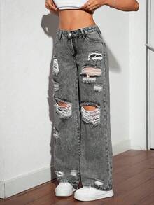 SHEIN Tall Fashionable Distressed Ripped Wide Leg Grey Jeans, Tall Women - Grey - View 4