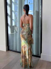 leahseptember 女士针织网纱露背吊带印花鱼尾长裙 - 彩色 - 查看 5