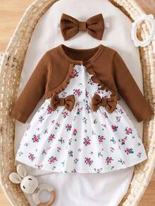 SHEIN Robe d'anniversaire d'été rose clair mignonne pour bébé fille nouveau-né & Bandeau assorti Ensemble 2 pièces Long - Tabac - Voir 5