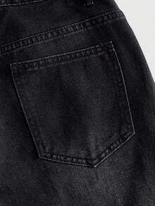 ROMWE MEN Street Life Men's Rhinestone Lettering Denim Shorts - Black - View 5