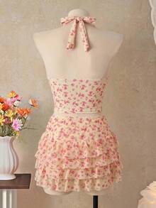 Swim Mod Women's Floral Print Halter Tie Tankini And Ruffle Mini Skirt Two-Piece Swimwear Set Beach Vacation Cream Summer Cute Flowy - Light Yellow - View 2