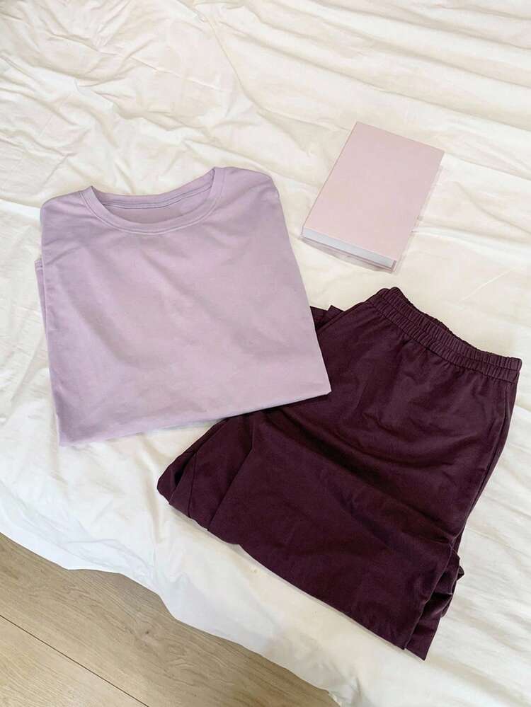 Dazy Plus Round Neck Graphic Print Loose Short Sleeve Top And Elastic Waist Pants Loungewear Pajama Set - Pink - View 8