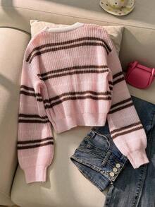 SHEIN 女童撞色條紋針織開襟衫，短版，極簡甜酷風 - 彩色 - 查看 2