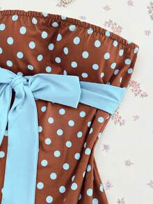 Elamini Women's Polka Dot Bow Decor Casual Daily Summer Dress - Brown - View 5