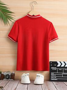 SHEIN Tween Boy Collared Solid Color Short Sleeve Polo Shirt,Kids - Red - View 2
