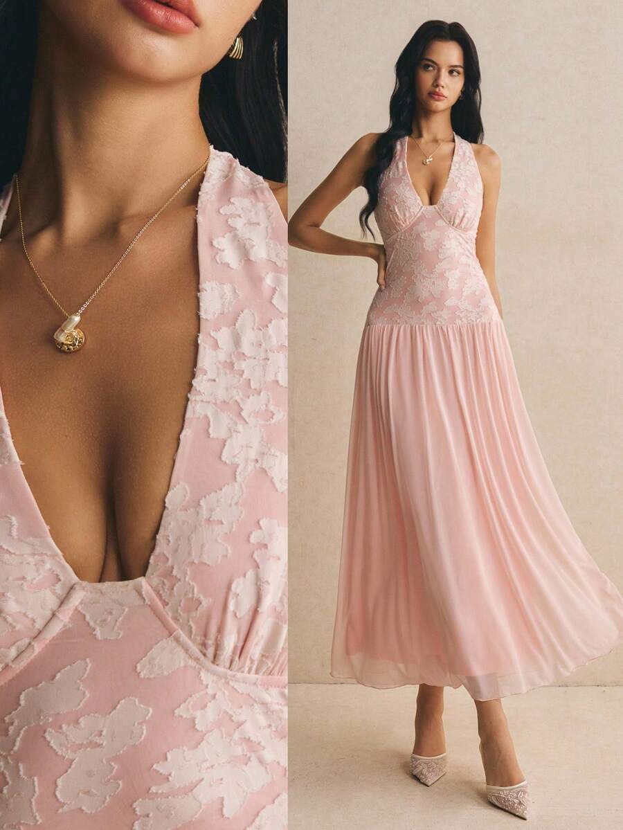 Poéselle 女款優雅花卉甜美法式百褶掛脖綁帶洋裝 - 粉色 - 查看 1