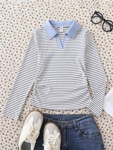 Girls' T-Shirt With Collar, Striped Colorblock, Waist-Cinching, Casual Back To School Academy Style - Blue and White - View 1