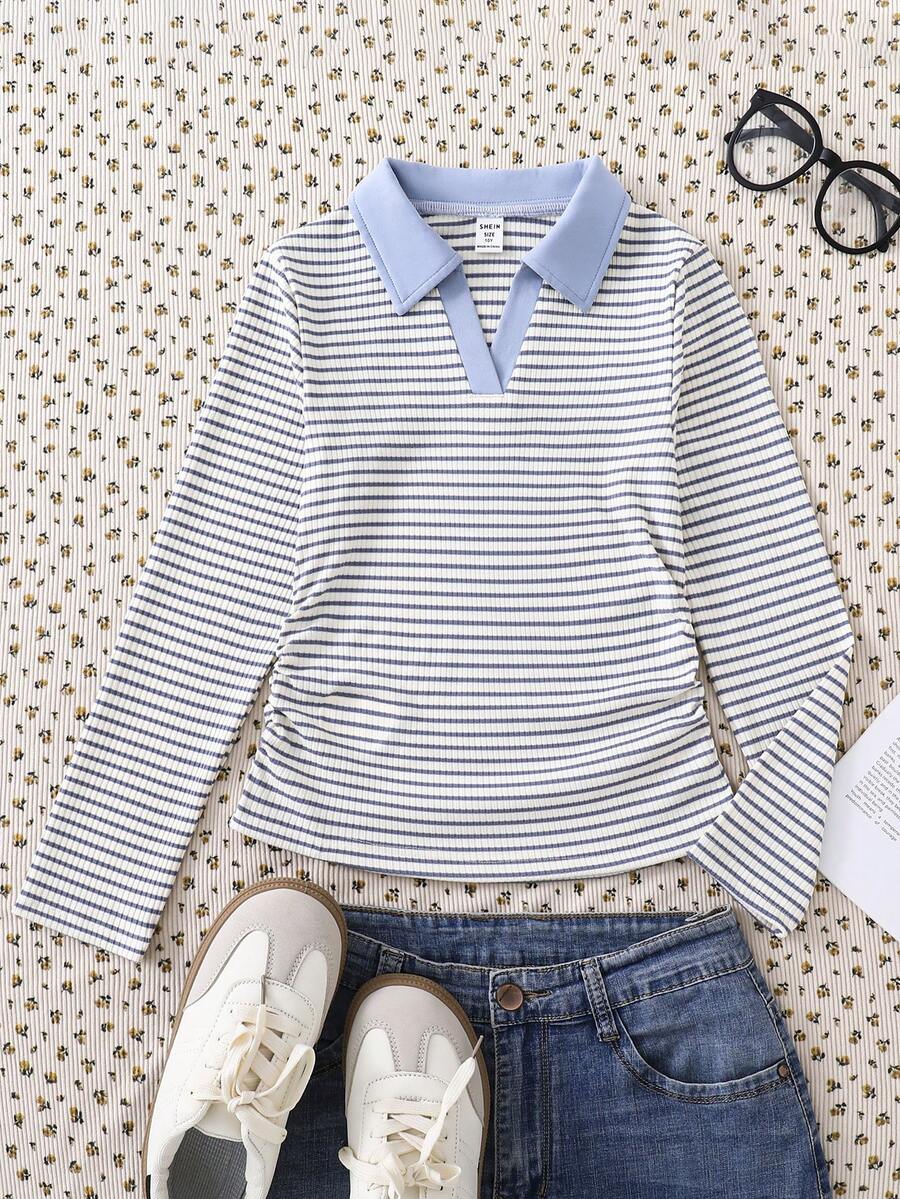 Girls' T-Shirt With Collar, Striped Colorblock, Waist-Cinching, Casual Back To School Academy Style - Blue and White - View 1