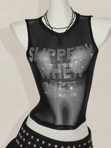 SHEIN ICON Y2k 夏季黑色网纱透视性感水钻亮片女士水钻字母网纱露背紧身吊带背心 - 黑色 - 查看 6