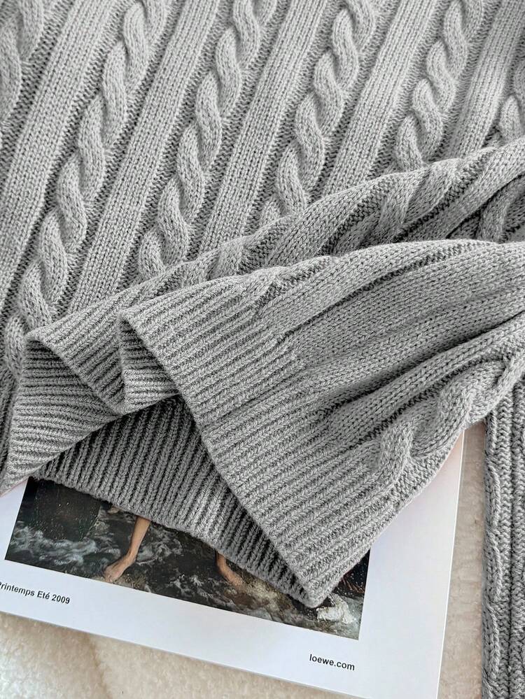 SHEIN Tween Girl Casual Minimalist Solid Color Dropped Shoulder Loose Cable Knit Cropped Sweater Long Sleeve Top, Autumn/Winter - Grey - View 8