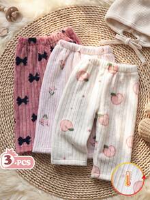 SHEIN Vintaside Kids 3件組女嬰休閒百搭可愛花朵蝴蝶結水果印花毛絨褲，適合秋冬、室內、戶外、度假、日常穿著 - 彩色 - 查看 1