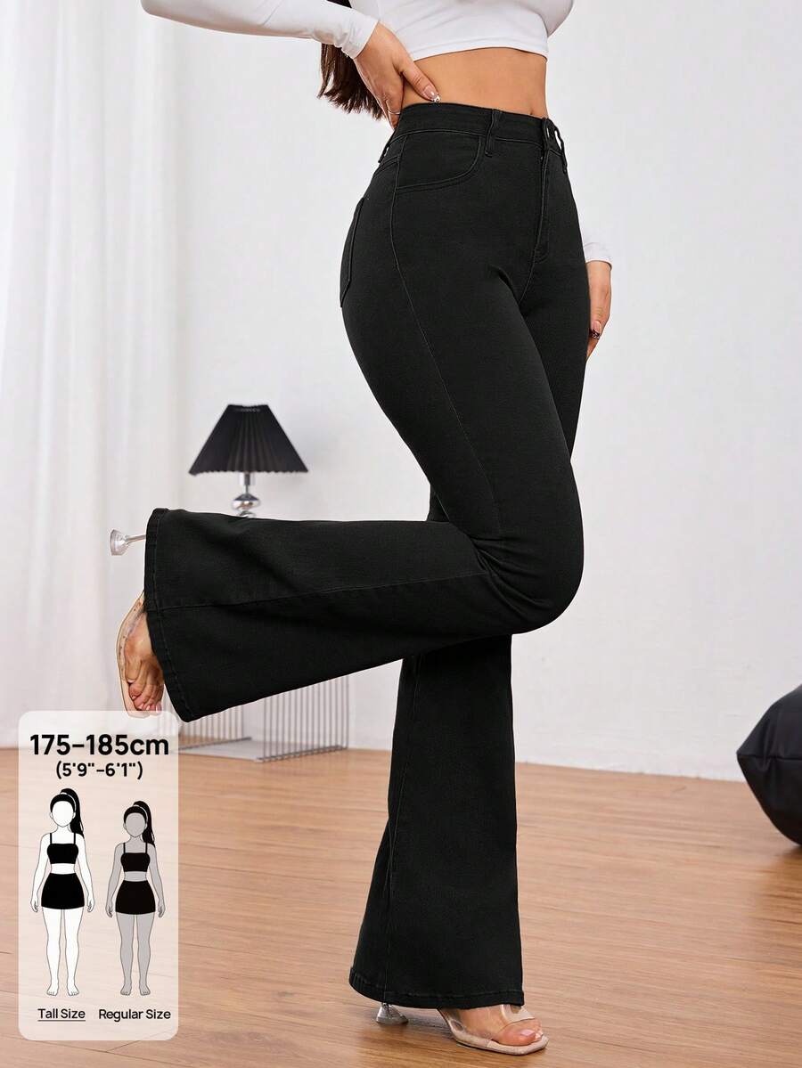 SHEIN Tall 女款純色高腰喇叭褲腿優雅時尚牛仔褲,黑色牛仔褲,秋季,女款秋季服飾,適合高個子女性 - 黑色 - 查看 1