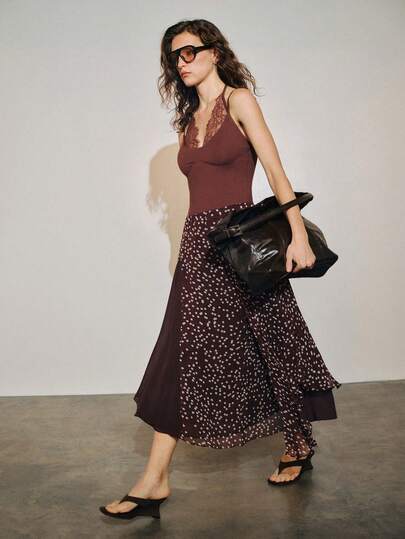 MOTF PREMIUM URBAN POLKA DOT CHIFFON PATCHWORK ASYMMETRICAL HEM SKIRT SPRING/SUMMER