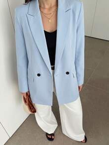 Hitanina Women's Business Style Solid Color Double-Breasted Blazer Jacket For Commuting, Autumn  - Baby Blue - View 3