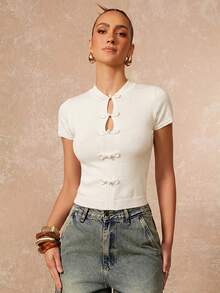 Lumalex Ivory Knit Crop Top With Mandarin Collar Short Sleeves Frog Knot Buttons Front Keyhole Cutouts Ribbed Cuffs Luxury Top Outfits For Parties Dates Daily - Apricot - View 5