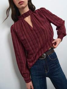 Nöista Burgundy Plaid Blouse With Mock Neck, Keyhole Detail And Long Sleeves. Elegant Design For Office Wear, Day-To-Night Outfits - Burgundy - View 1