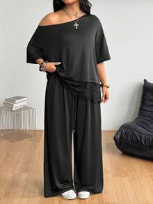 Coolane Plus Size Asymmetric Neck Lace Patchwork Top And Drawstring Waist Loose Pants 2-Piece Set - Black - View 6