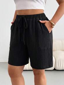 Shapeblank Shorts casuales versátiles de uso diario para mujer talla grande, color liso, con cintura con cordón - Negro - Ver 4