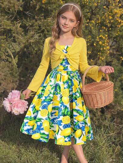 Elladie kids Guia de Looks de Festa para Meninas Pré-Adolescentes, Fofo, Elegante e Gracioso, Vestido Longo Fluido Estilo Ilha, Visual de Verão, Ilusão, Charmoso, Fashion, Básico, Elegante de Alta Qualidade, com Jaqueta, Xale, Tecido Texturizado Rosa, Tricotado, Alta Elasticidade, Laço, Ajustado, Vestido de Manga Longa com Laço 3D, Xale Curto