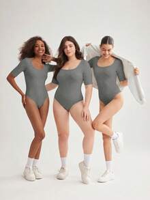 SHEIN BASICS 大尺碼純色圓領連身衣女款夏季穿搭 - 灰色 - 查看 8