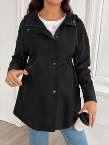 SHEIN Maternity Solid Color Zip-Up Hooded 3-In-1 Jacket Autumn /Winter Casual Office Family Vacation Beach Black - Black - View 8