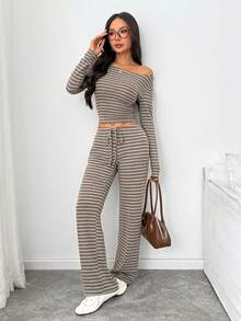 SHEIN PETITE Women's Striped Long Sleeve T-Shirt And Pants Casual 2 Pieces Set - Brown - View 7