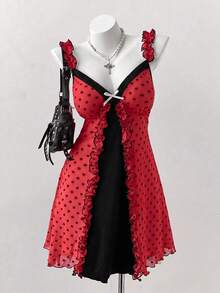 Sunspun Plus Size Fashion Minimalist Sexy Style Ruffle Lace Polka Dot Bowknot Dress - Red - View 8