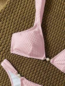Swim Mod Solid Color Fabric Pearl Accessory Linked, Elegant Sexy Women's Swimwear Set Beach Party Pink Summer - Pink - View 5