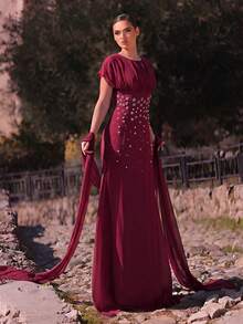 Aureia 優雅浪漫時尚雪紡布料水鑽裝飾抓褶修身A字裙 派對禮服 婚禮賓客禮服 單身派對禮服 正式晚禮服 - 酒紅色 - 查看 6