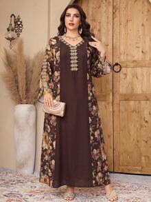 Al Najma Plus Size Women V-Neck Floral Print Casual Party Arabian Dress - Multicolor - View 8