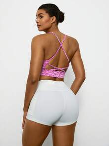 Voyena Damen Sport-BH in großen Größen mit Leopardenmuster und Kreuzdesign, geeignet für Yoga, Laufen und andere Sportarten. Rosa Leopardenmuster Sport-BH, Leopardenmuster Sport-BH, Gepardenmuster Sport-BH. - Pink - Übersicht 2