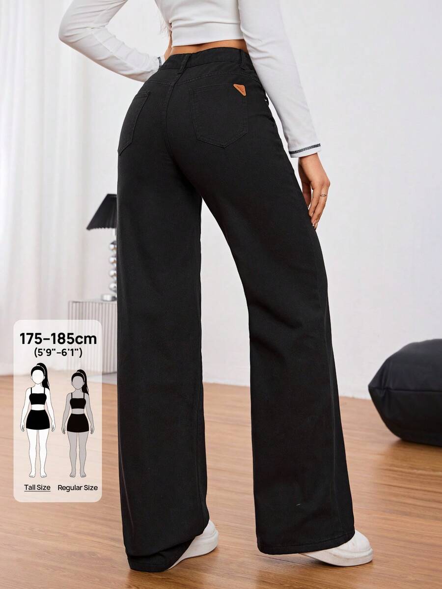 SHEIN Tall Women Front Button Pocket Casual Simple Denim Jeans, Everyday Wear, Tall Women - Black - View 1
