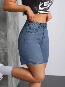 SHEIN Tall Y2K 中腰休閒水洗女款牛仔短褲，適合高個女性 - 深色水洗藍 - 查看 9