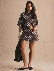 MUSERA Polka Dot Denim Oversized Co-Ord Top Only Spring Summer Cosy Cute Daily Girly Vacation Sunlight Social - Brown - View 4
