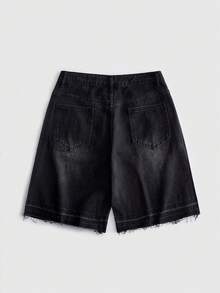 ROMWE MEN Street Life Men's Rhinestone Lettering Denim Shorts - Black - View 2