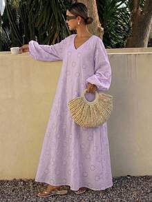 Livesso Robe ample mi-longue à col en V ajouré en dentelle pour femmes, robe d'été pour vacances - Prune - Voir 4