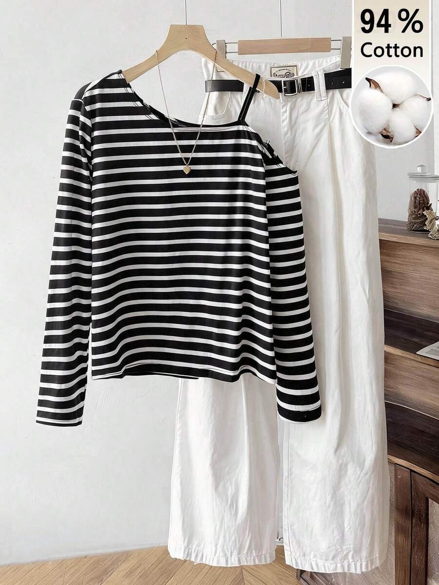 Tseoso Women's Striped Casual Versatile Everyday Long Sleeve T-Shirt - Black and White - View 1
