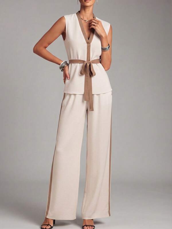 SHEIN Holidaya Minimalist Color-Block Tie-Front Women's 2-Piece Set, Relaxed Fit Criss-Cross Neckline Sleeveless Top, Contrast Side Straight Leg Pants, Casual Outing Outfit, Elegant Ceremony Wedding Guest Outfit Set
