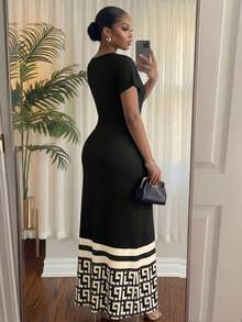 SHEIN Lady CURVE 大尺碼女款圓領拼色休閒派對與旅行洋裝 - 黑色 - 查看 2