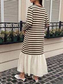 DAZY Contrast Color Patchwork Round Neck Casual Loose Short Sleeve Long Maternity Dress For Spring And Summer - Navy Blue - View 2